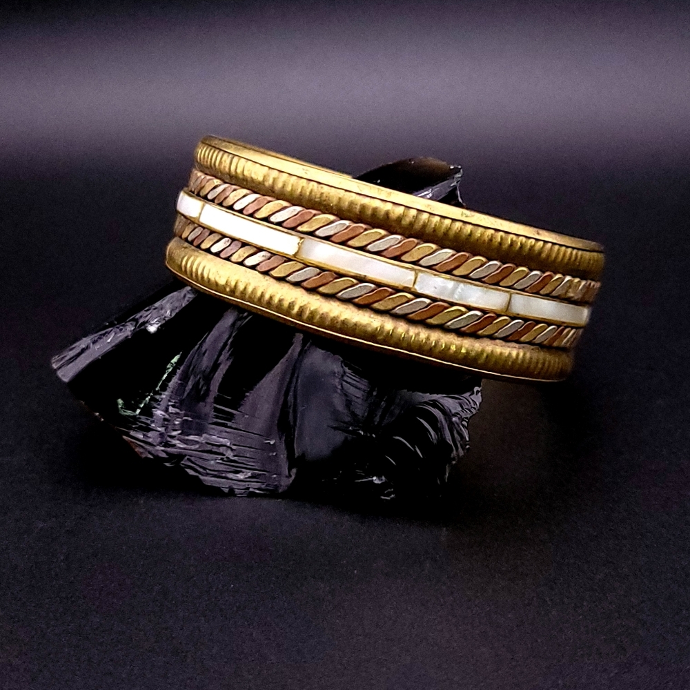 Vintage 70s Solid Brass Mother of Pearl Inlay Tricolor Chunky Bangle Cuff